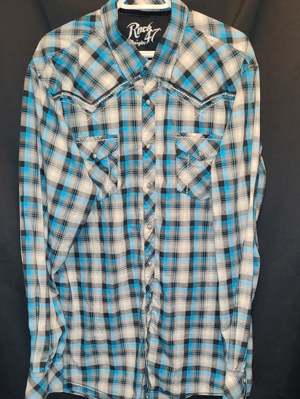 Rock 47 Men's Blue Plaid Western Button-Up Shirt XXL